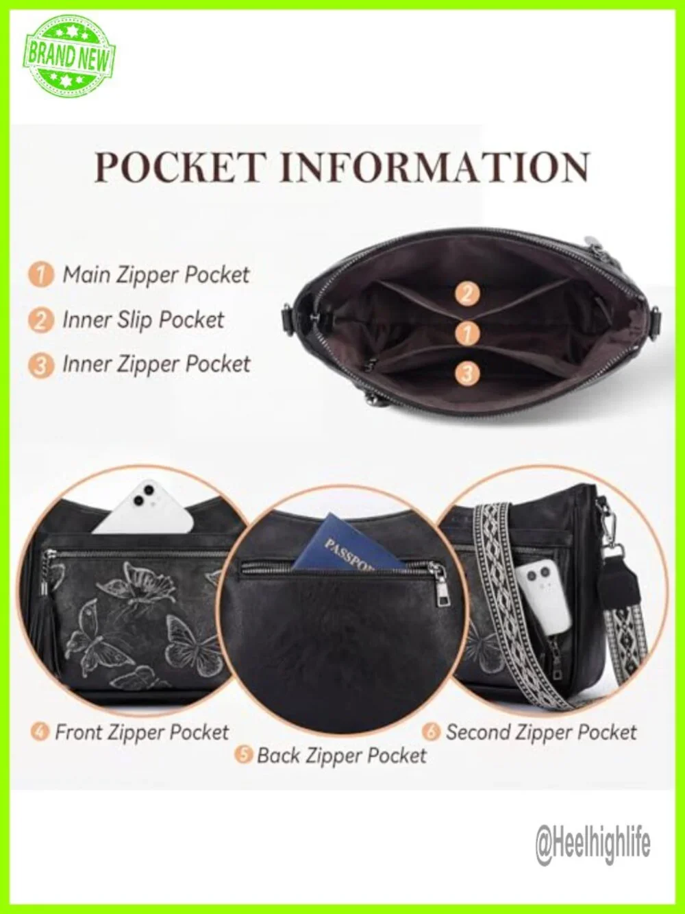 Vegan Leather Hobo Crossbody Butterfly Embossed Purse Women Handbag